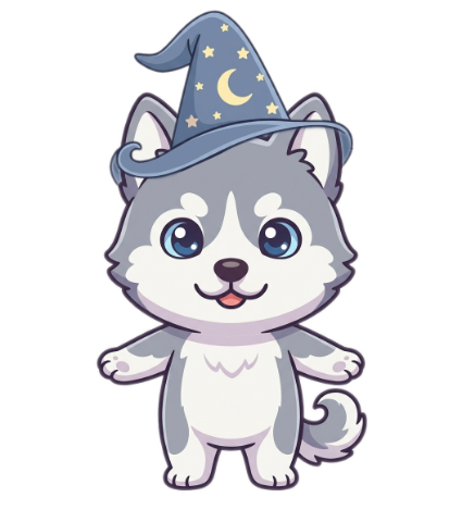 Husky wearing the wizard hat